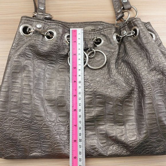 Crocodile Bag Leather Shoulder Gray Bucket Purse Embossed Studded Exotic Faux - Picture 7 of 15